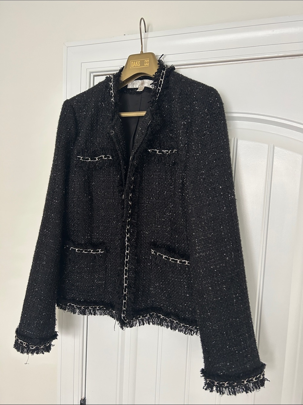 Boston Proper Black Tweed Fringe Chain-Trim Blazer